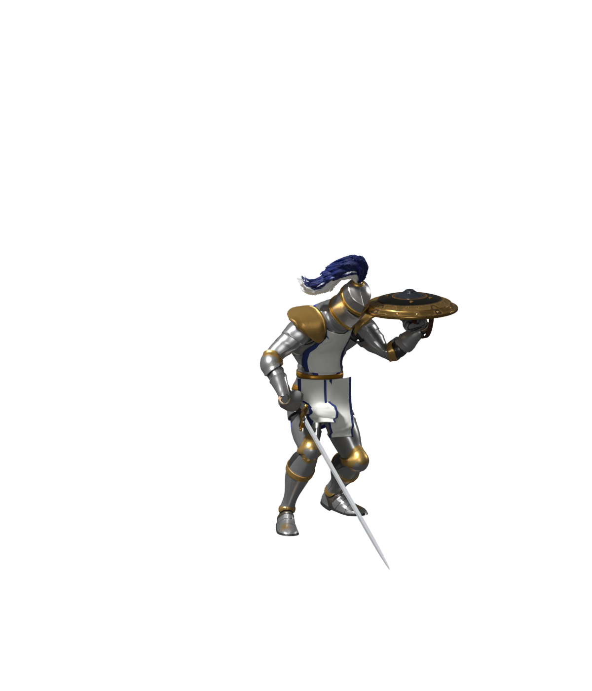 Downward-attack draft with a visible folded panel below the waist; 1200 × 1400 Blender still, defect unresolved