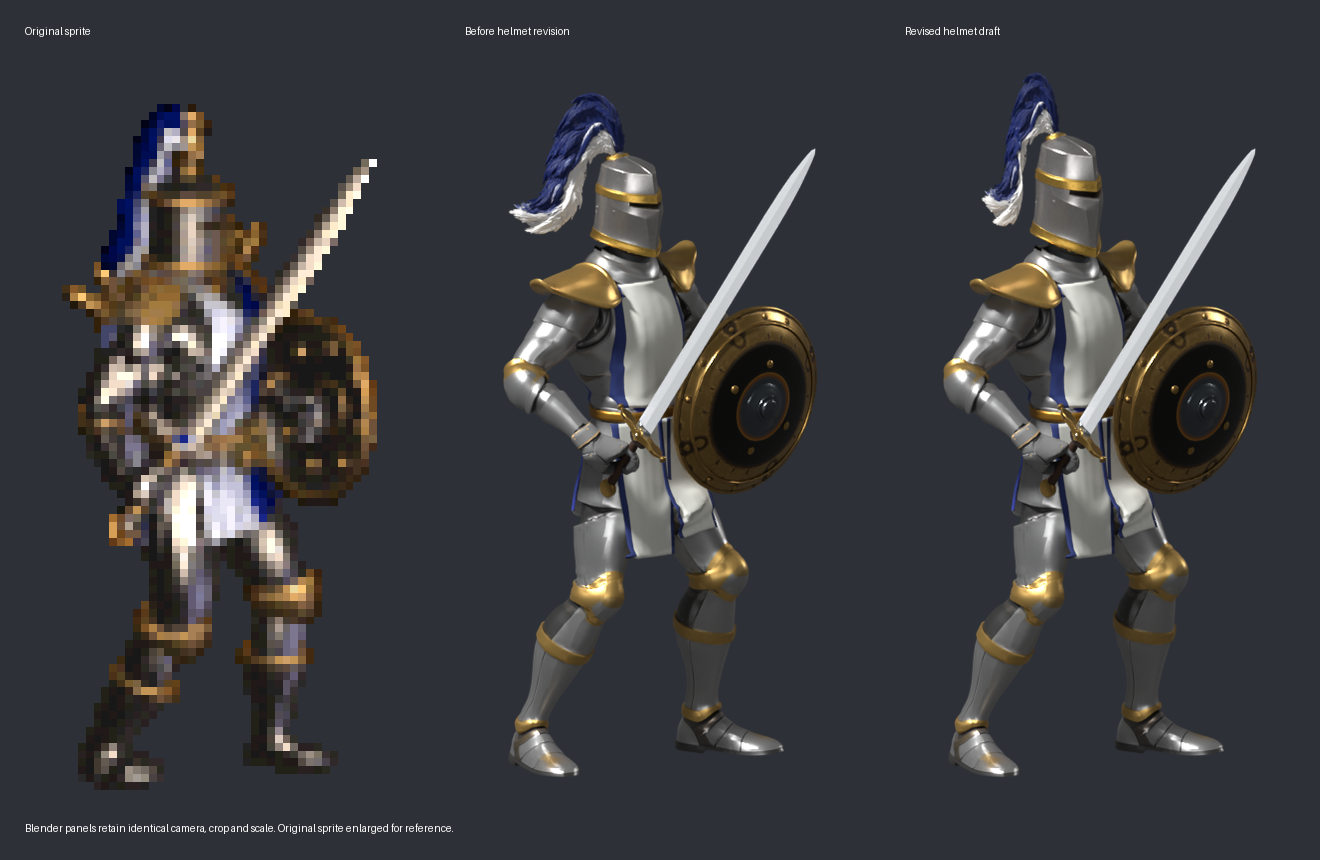 Original sprite, previous helmet and revised draft; the Blender panels share camera, crop and scale, while the sprite is enlarged separately for reference
