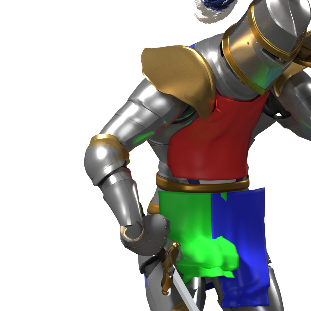Downward-attack panel diagnostic: the green skirt forms the prominent bulge; actual Blender render