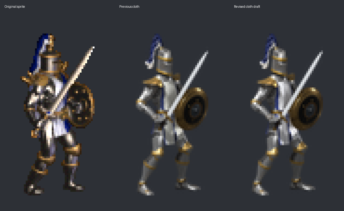 Original and before/after cloth revision; model renders reduced to native silhouette height, then all panels enlarged sixfold with nearest-neighbor sampling; not a game capture