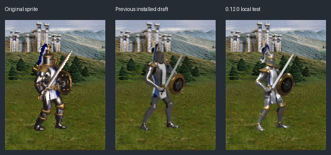 Original sprite, previous installed draft and 0.12.0 test package, composited offline into the same Castle panel; not game captures