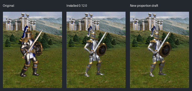 Original, installed 0.12.0 and the new proportion draft; fixed-projection offline panel composites, with the new draft not installed