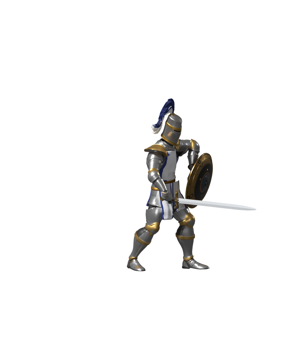 Front attack frame four, actual 1000 × 1167 Blender still; revised shield-arm path, not installed