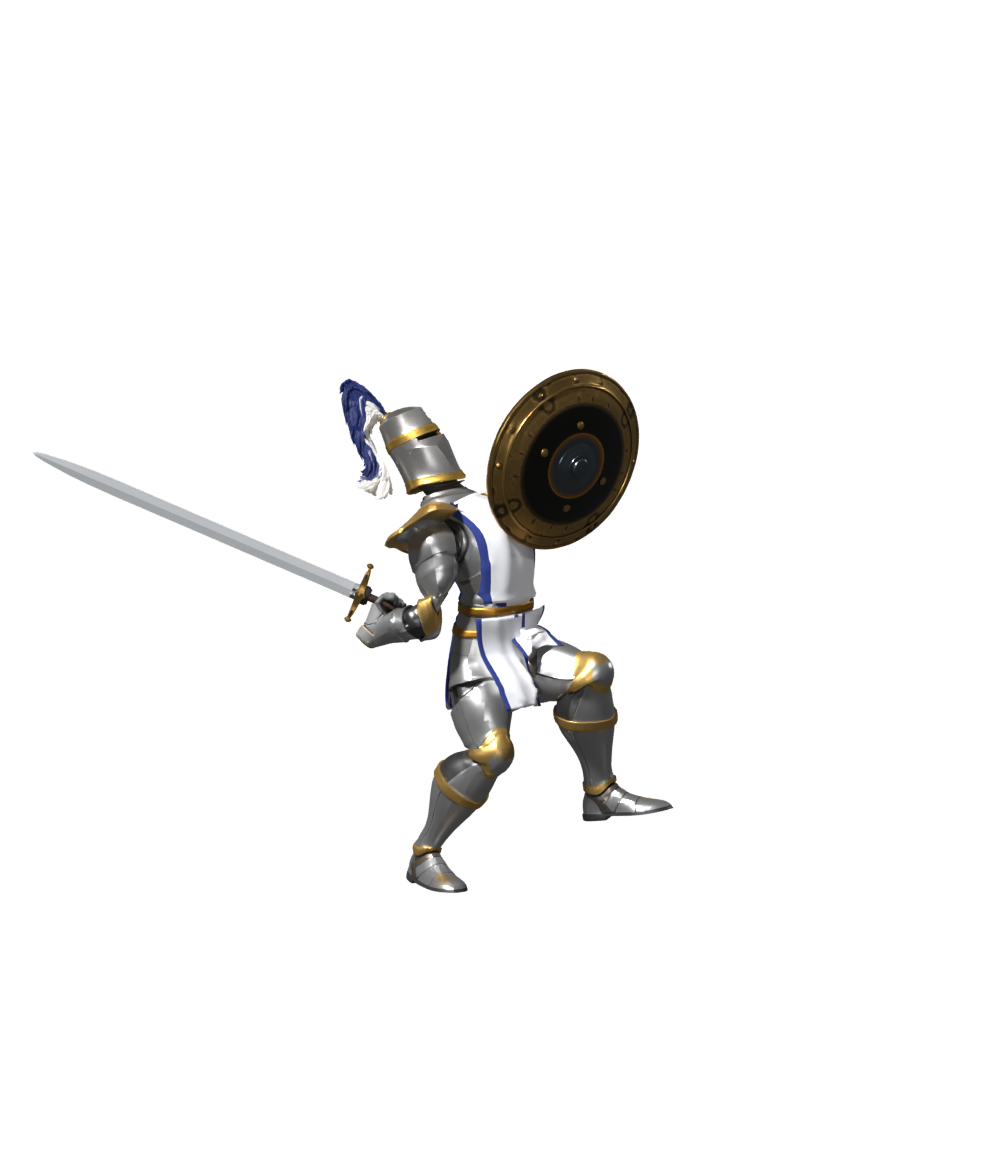 Hit reaction frame three, actual 1000 × 1167 Blender still; shield-arm revision draft, not installed
