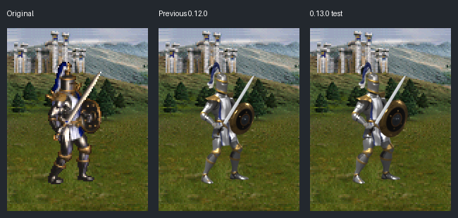 Original, previous 0.12.0 and current 0.13.0, composited offline into the same Castle panel; not game captures