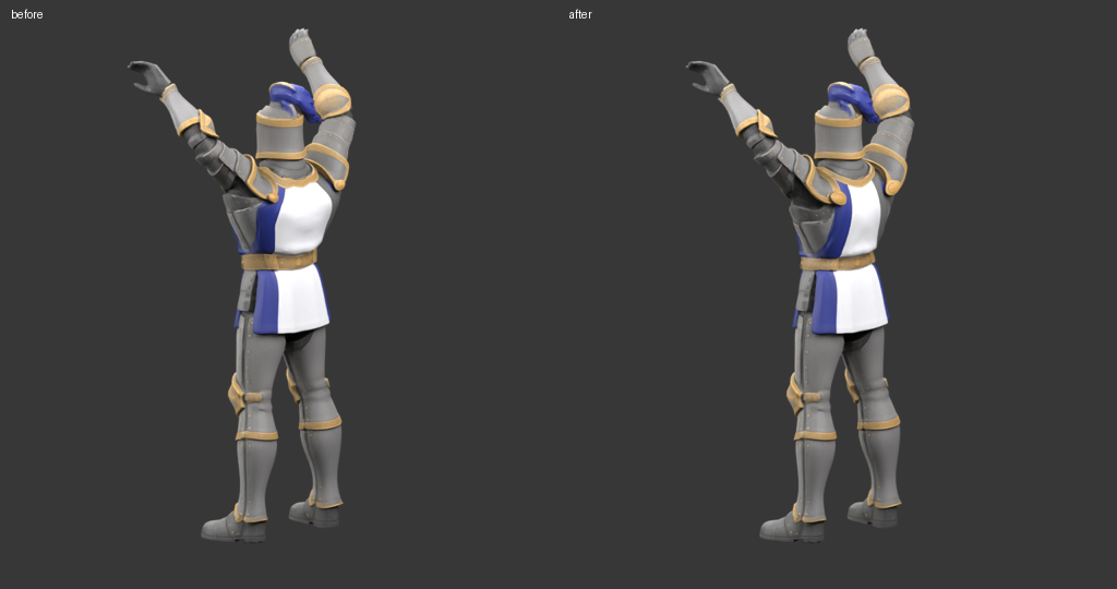 Rear view of the same pose: original binding left, revised binding right