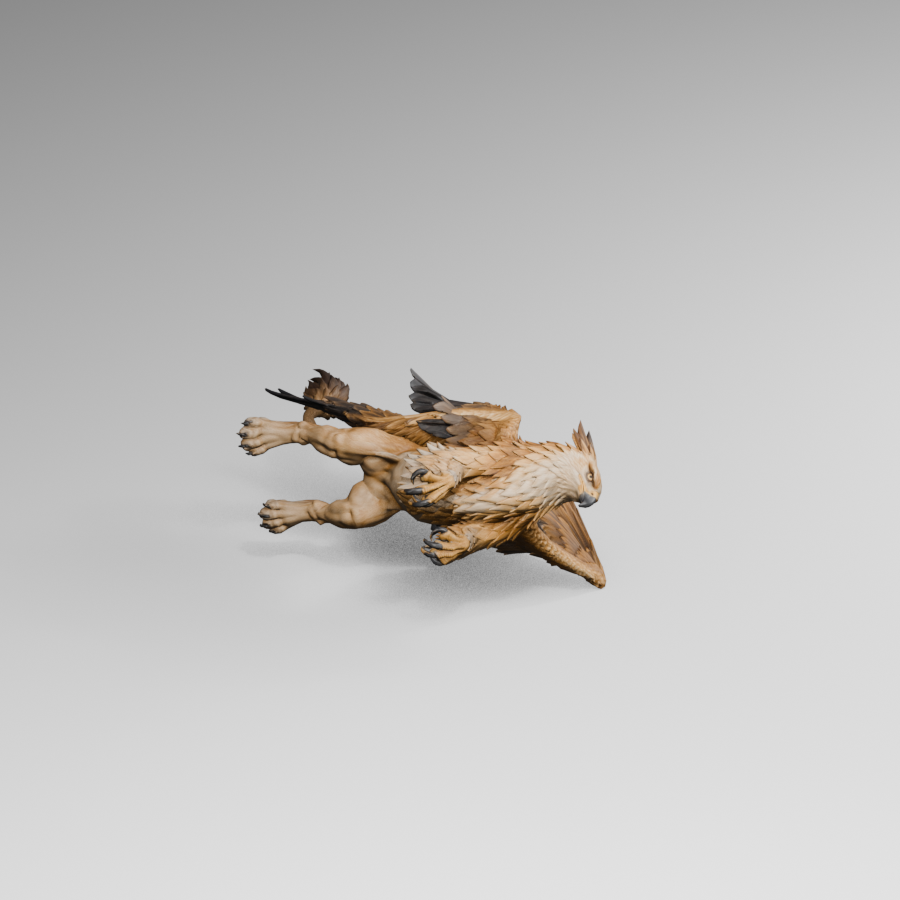 Head restored, but wingtip support still holds the body above the floor; unfinished Blender pose