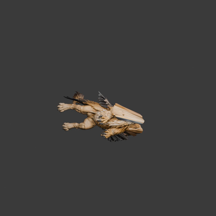 Rejected corpse trial before the binding correction: the wing pulls part of the head