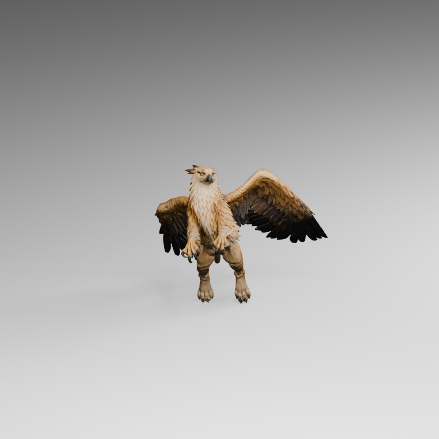 Frontal turn pose, actual Blender render; asymmetric wings and shoulder shape remain unfinished