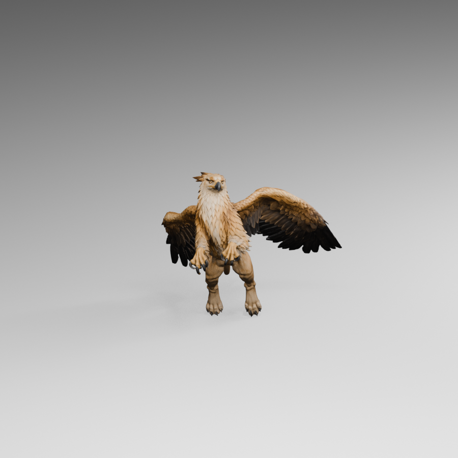 Frontal turn pose, actual Blender render; asymmetric wings and shoulder shape remain unfinished