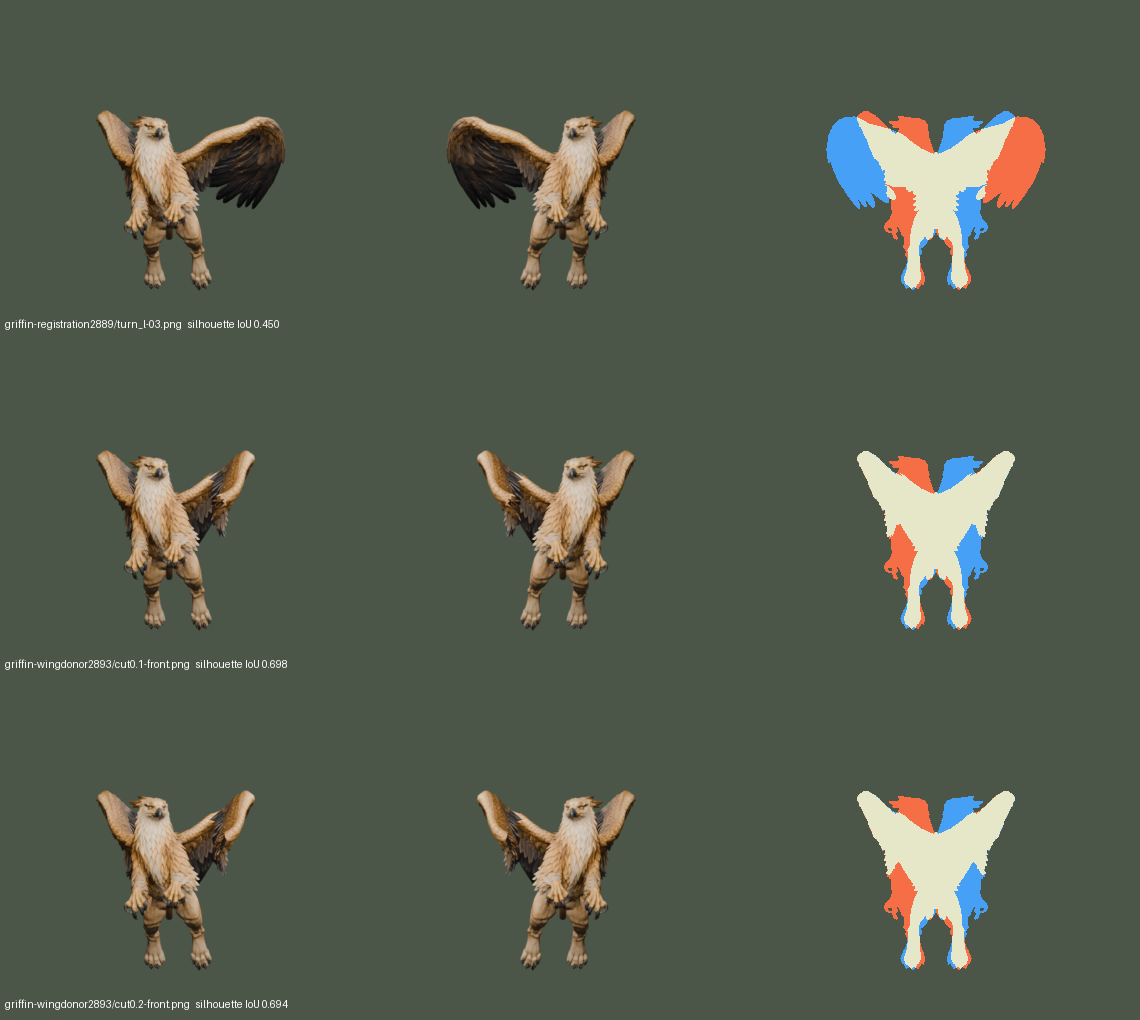 Offline facing comparison: original draft above, two wing-replacement trials below; the last column shows silhouette overlap