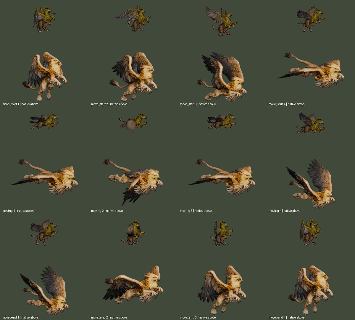 Original frames above the Blender versions: four frames each of takeoff, flight and landing. Each tile is cropped and resized separately for pose review, not a comparison of game pixel dimensions