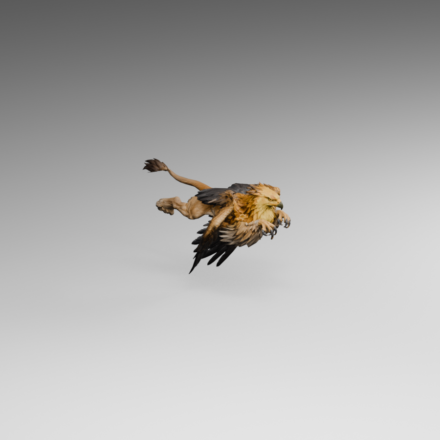 Flight downstroke with raised foreclaws, an actual 900 × 900 Blender render