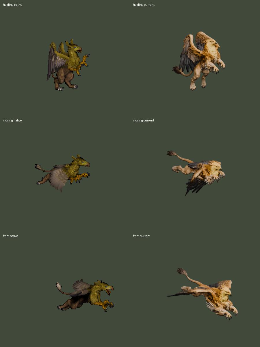 Original and current game-camera views: standing, flight and frontal attack. Native frames are enlarged 2× before applying the same canvas crop