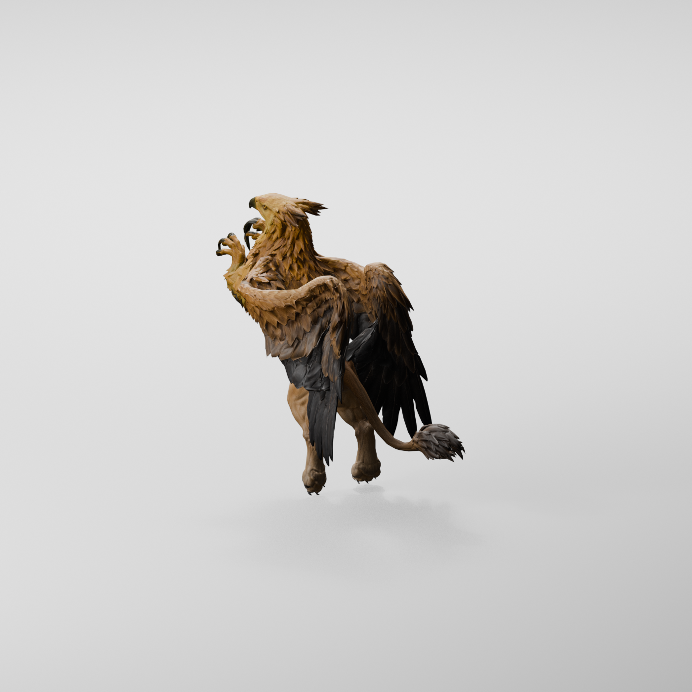 Rear oblique view, an actual 1400 × 1400 Blender render; wing-root and feather joins still need refinement