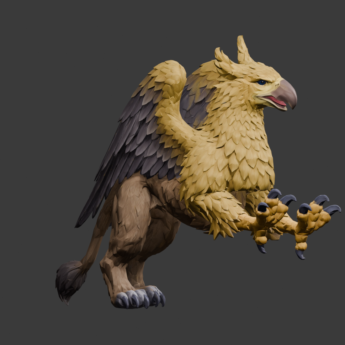 Both foreclaws raised on the candidate mesh, an actual 1100 × 1100 Blender still; a forelimb rig study, not a game installation