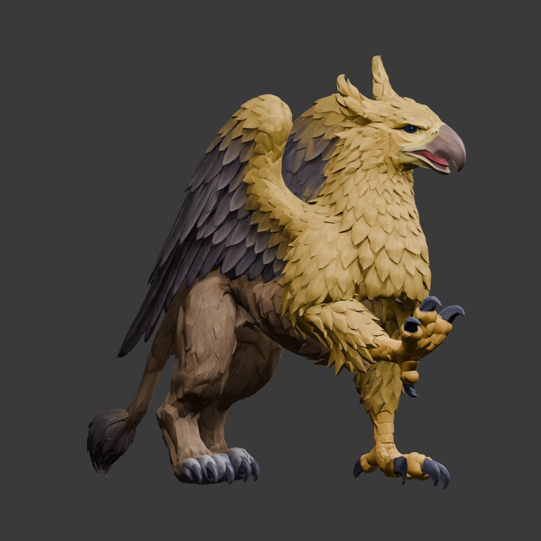 Left foreclaw raised independently after the centre-weight correction, an actual 1100 × 1100 Blender still