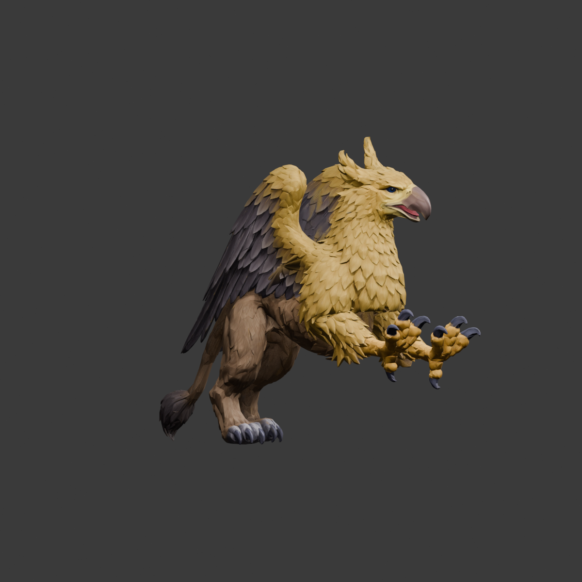 Folded pose with the same material candidate, an actual 1200 × 1200 Blender still; proportions and root detail still need comparison with the original