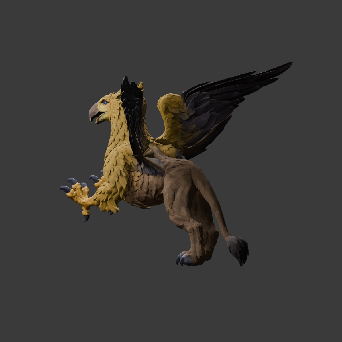Rear view of the current study, an actual 1200 × 1200 Blender still; root patches remain visible and need material and feather detail