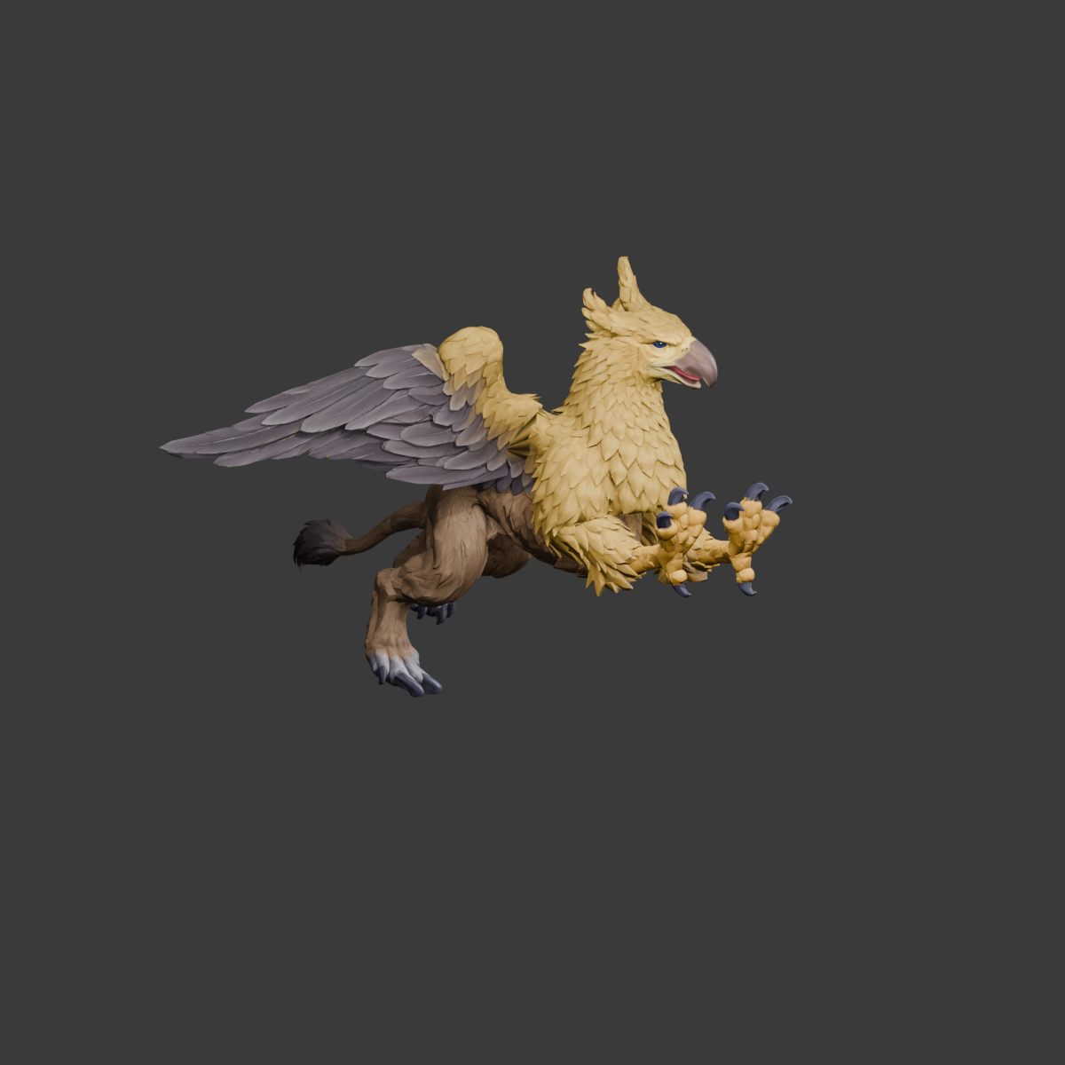 Lower wing phase, an actual 1200 × 1200 Blender still; hind-leg pose and wing-root shape remain unfinished