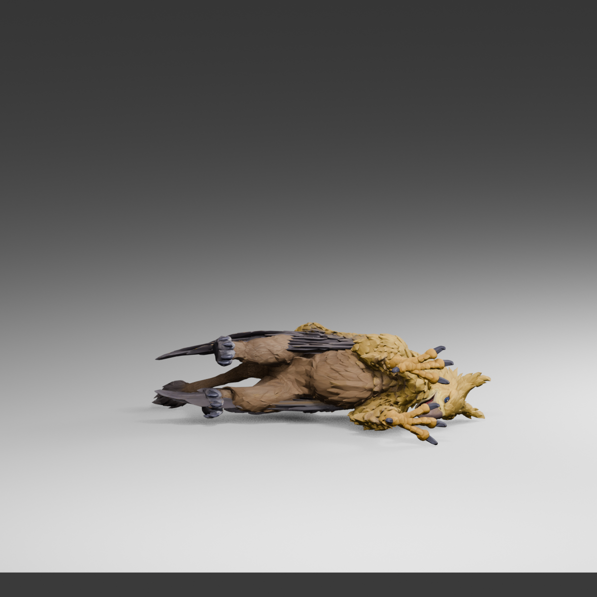 Revised side-lying pose with a diagnostic floor, an actual 1200 × 1200 Blender still; still an offline draft