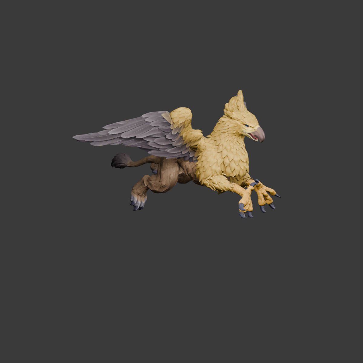 Attack key pose after the foreclaw revision, an actual 1200 × 1200 Blender still; appearance remains under review