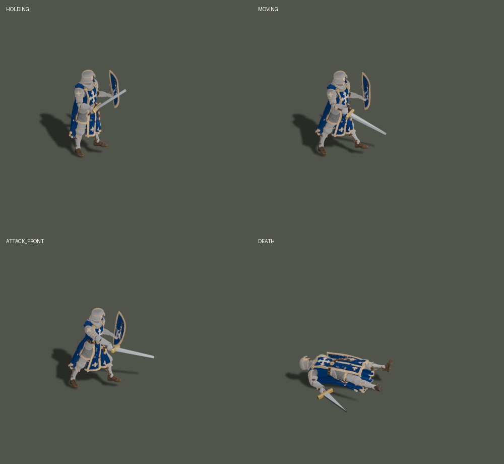 Packaged holding, moving, attack and death frames with shadows; offline composites, not game screenshots