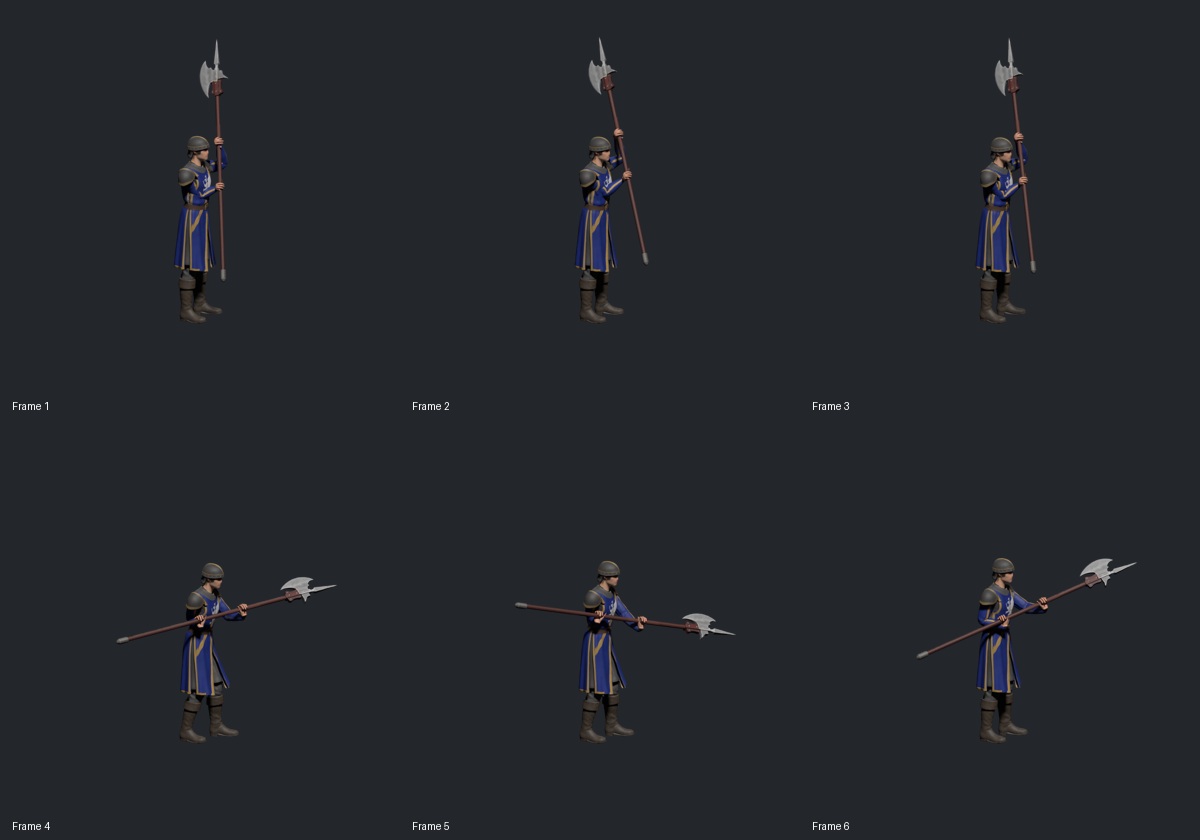 Six-frame combination candidate: raise, strike, follow-through and recovery; offline Blender renders