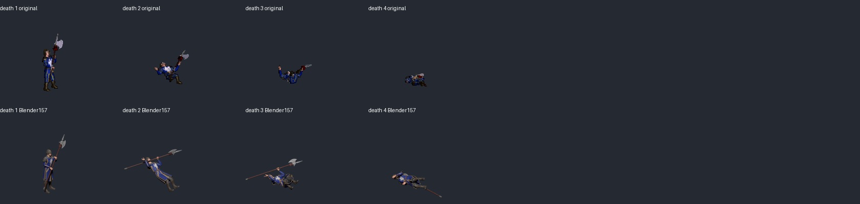 Original death poses and trial 157; frame three retains the pole, but frame two is still too extended