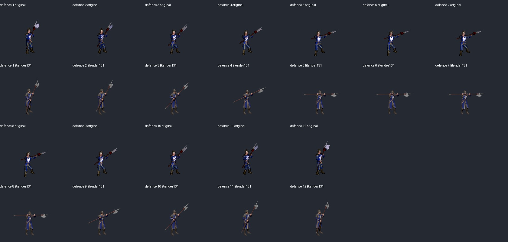 All twelve defence frames, original above the Blender candidate