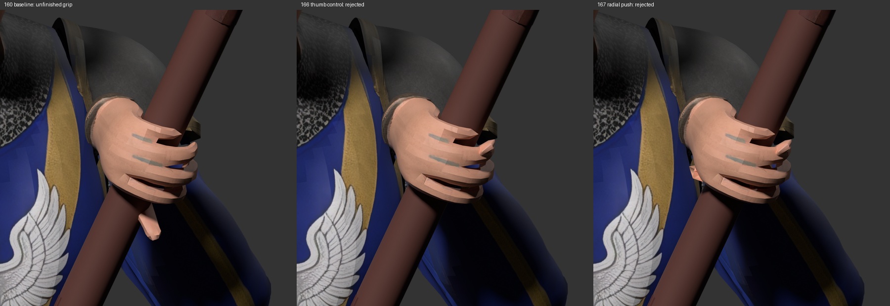 Unfinished current grip, rejected thumb opposition 166, and rejected radial correction 167