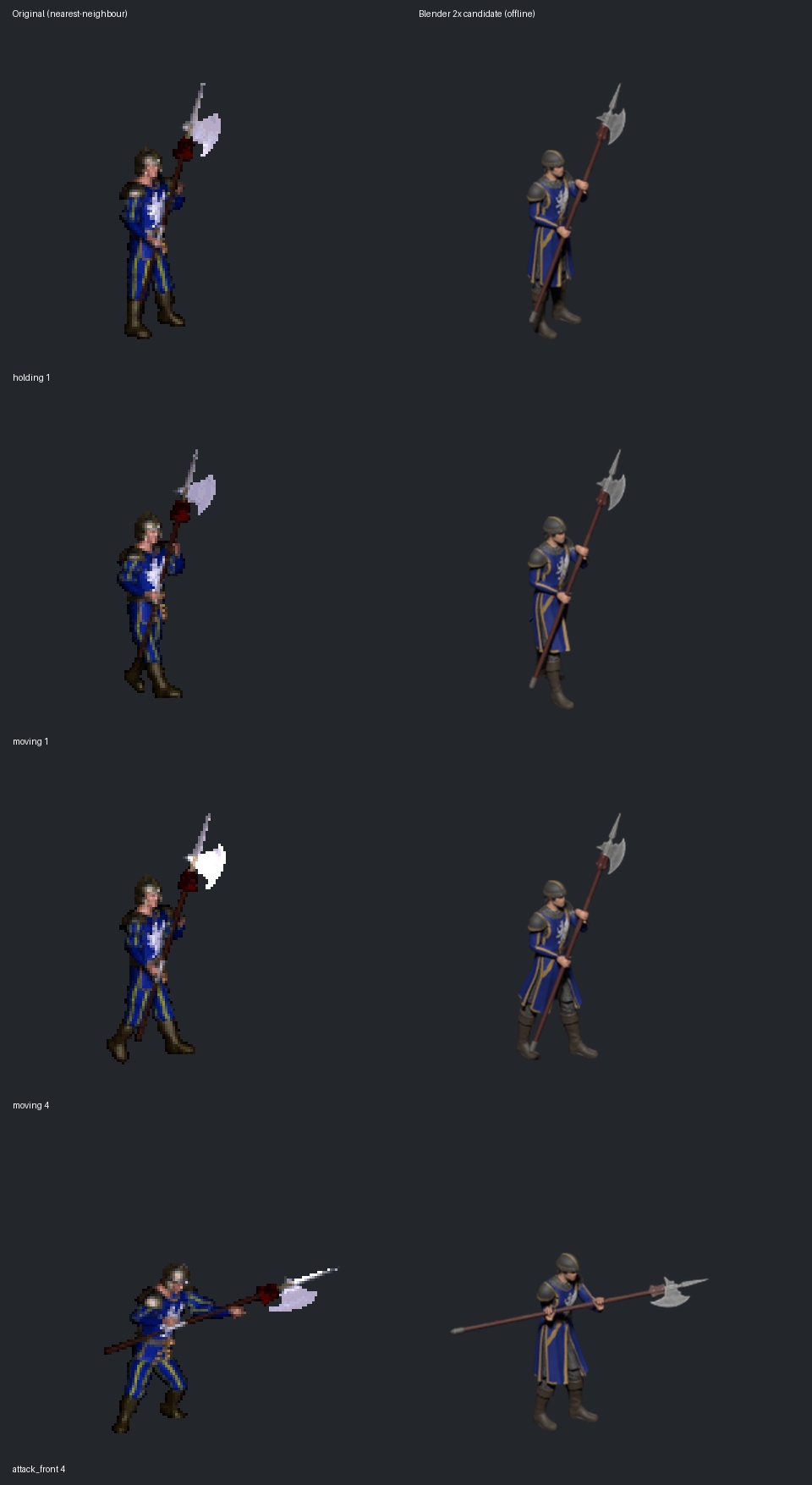 Original and candidate 121 at matching display scale; the right column uses 2× Blender frames, not game captures