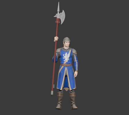 Halberdier original Meshy halberd, full rest frame