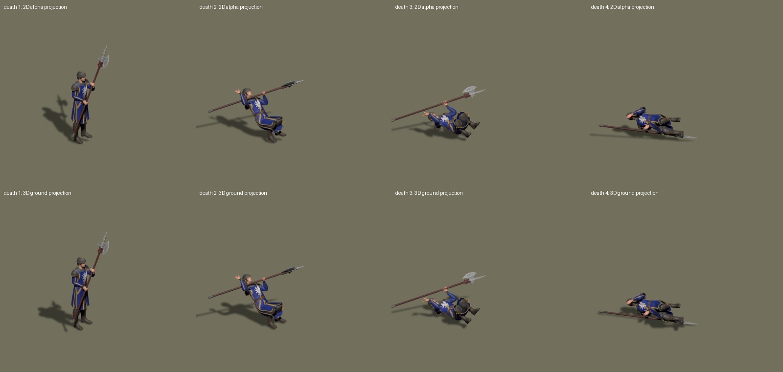 Body-alpha projection above, geometry-ground projection below; offline death comparison