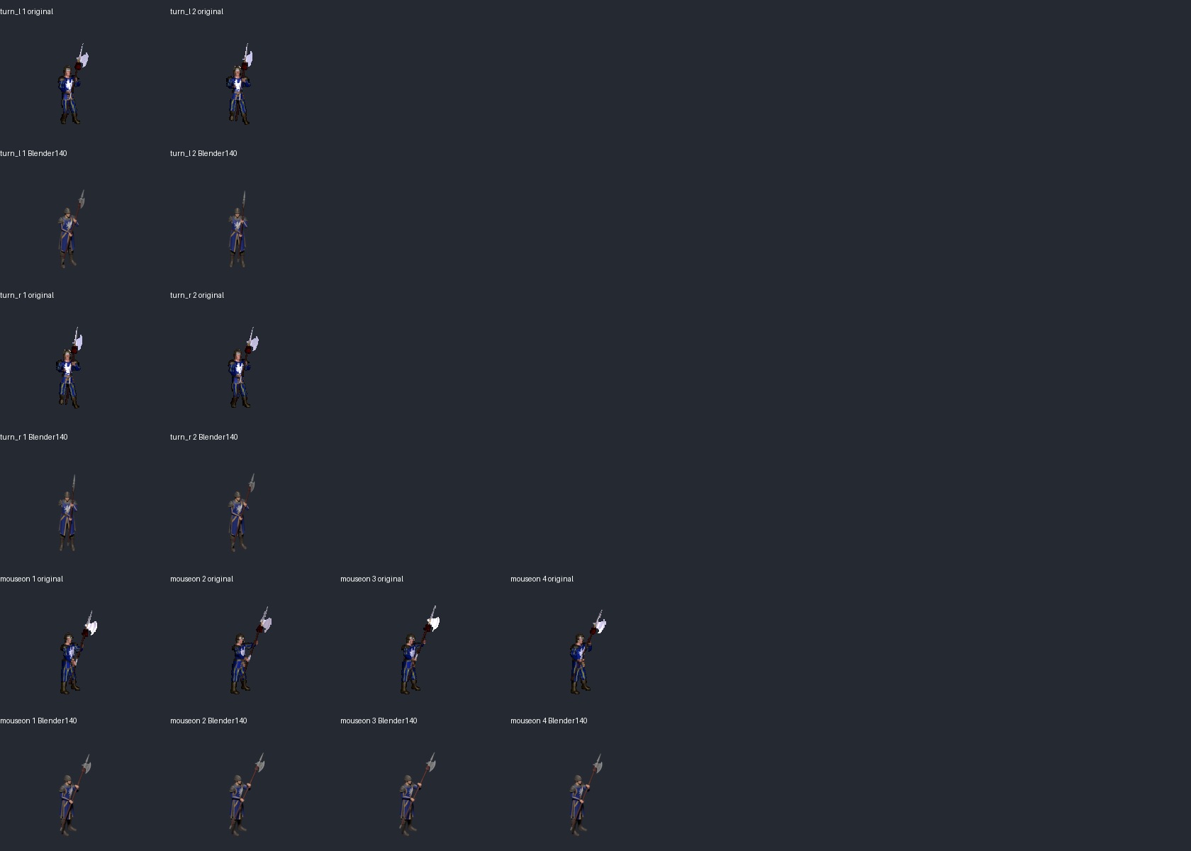 Original turn and hover frames above candidate 140; in-game transitions remain unverified