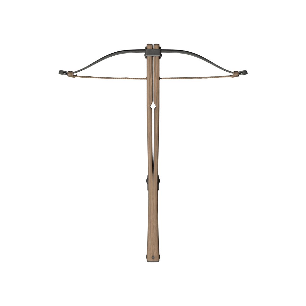 Independent Meshy crossbow, top view rendered in Blender, showing the groove, paired limbs and string