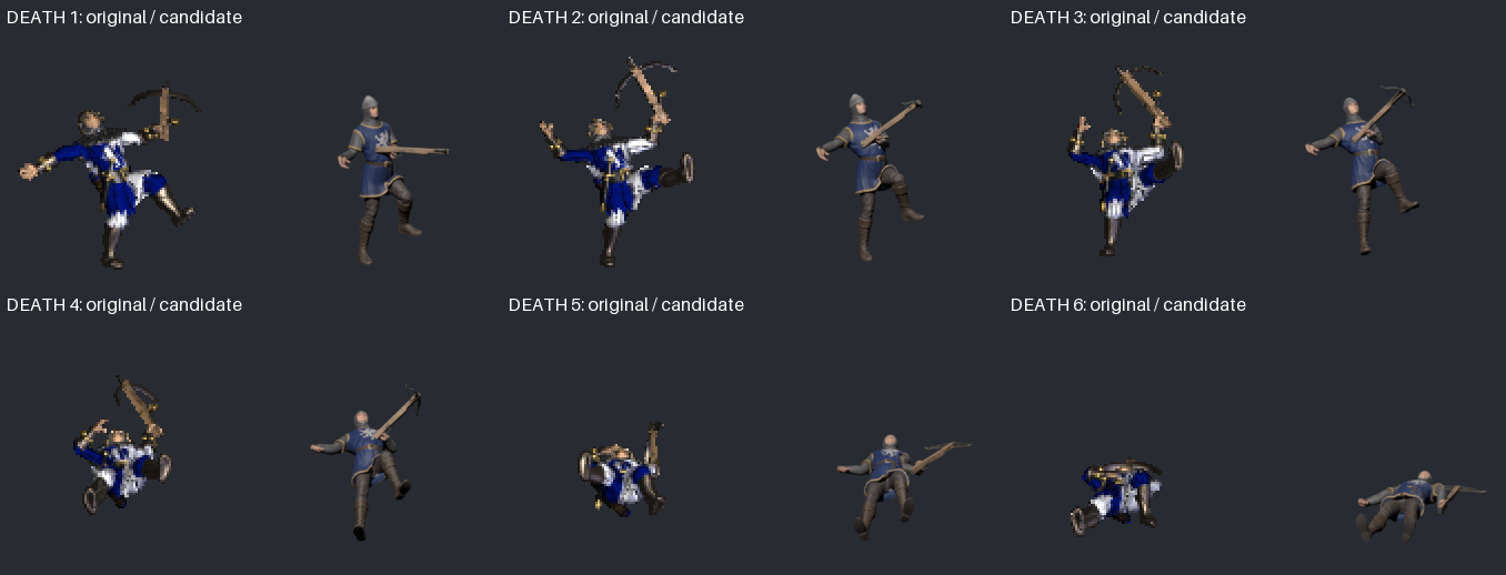 Six death frames: the draft lands later and leaves the legs more extended