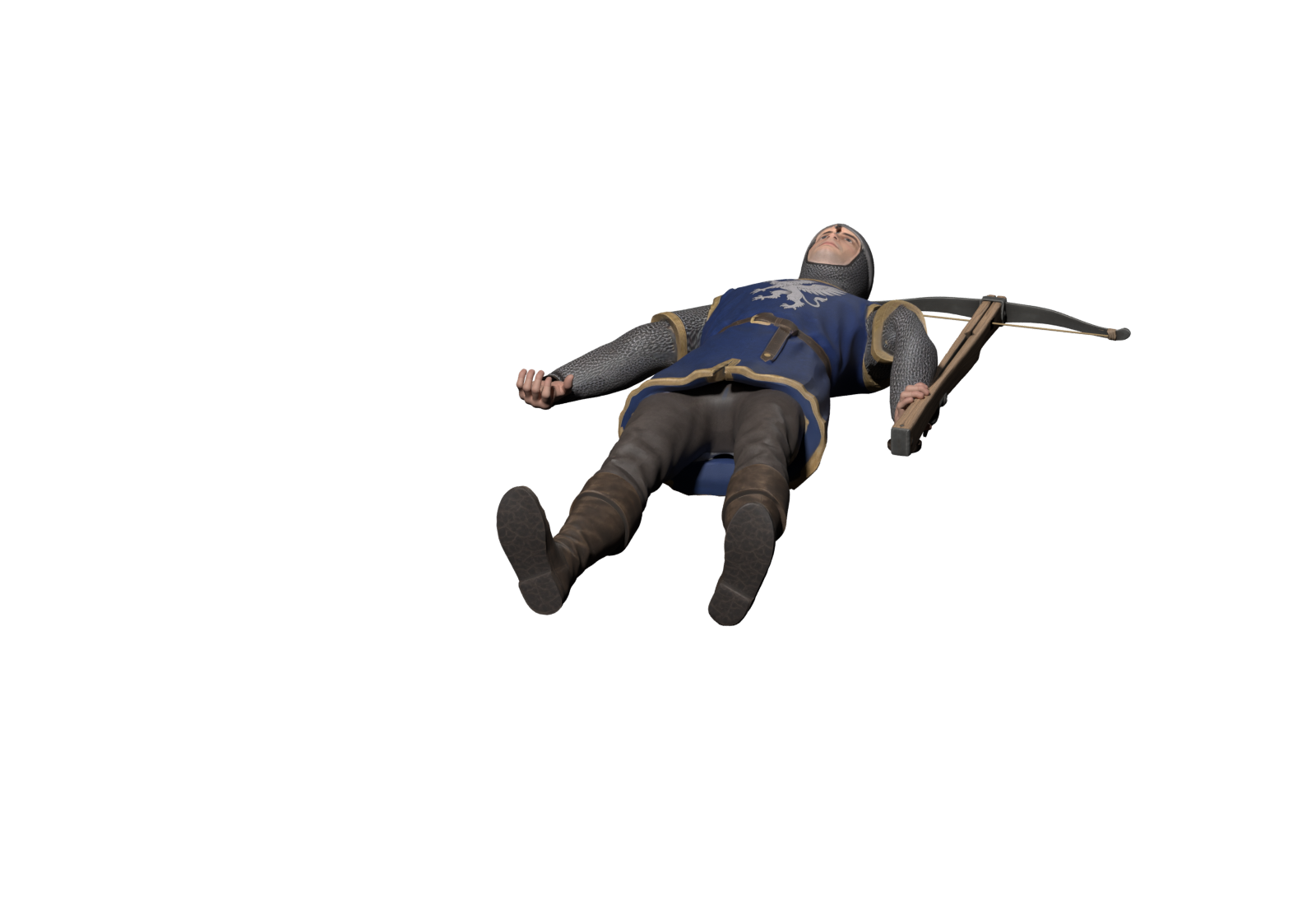 Final death pose, static Blender render; visual acceptance pending