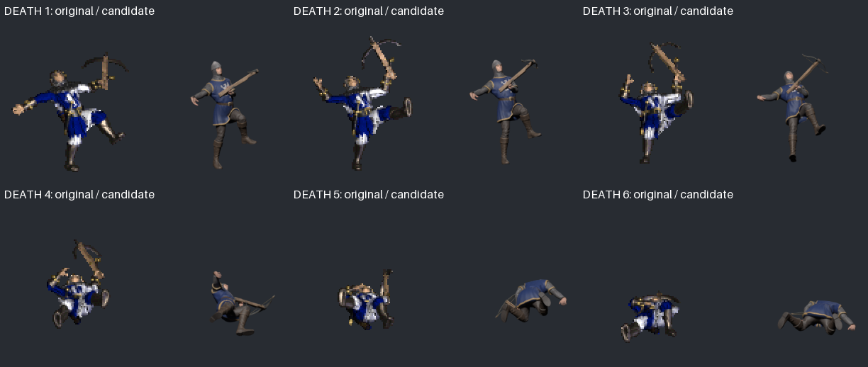 Original and revised six-frame death sequence; frame four and the rolling path still differ visibly