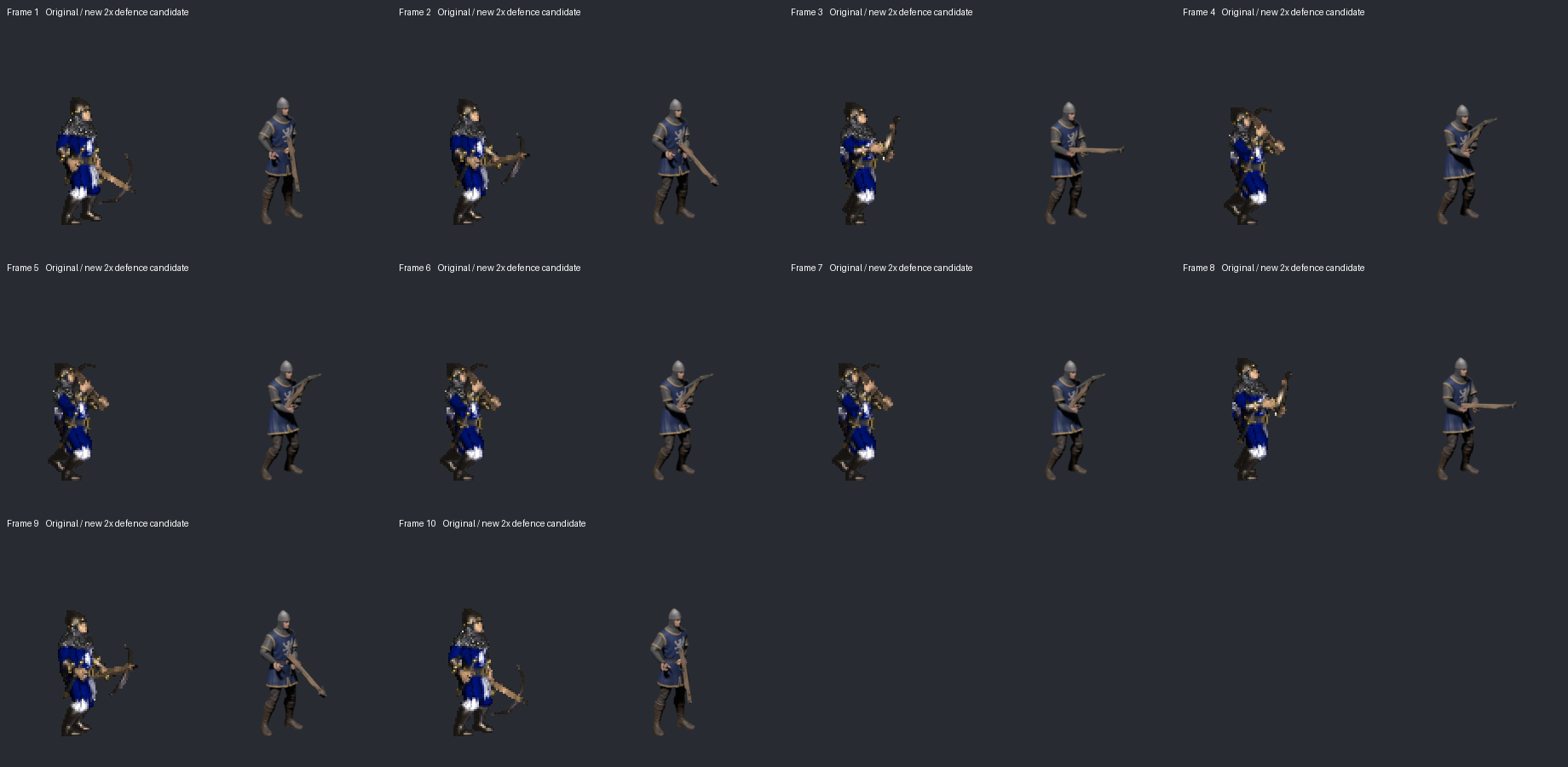 Ten defence frames: original on the left, candidate on the right