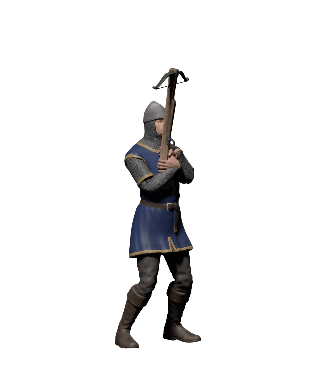 Defence now raises the crossbow in front of the face, static Blender render