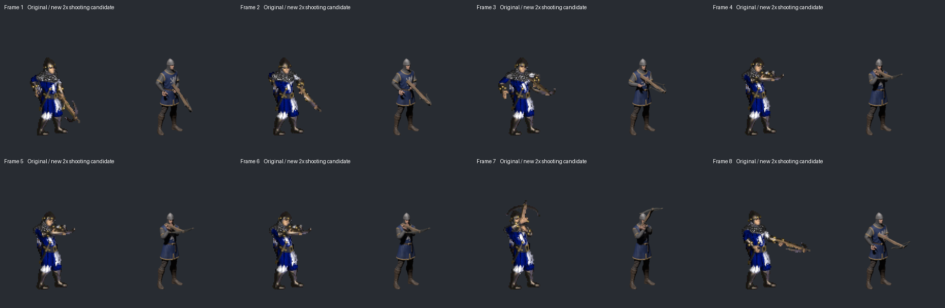 Eight down-shot frames with the leg pose retained while the torso turns