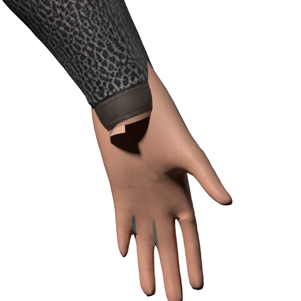 Replacement five-finger geometry; the wrist seam is still unfinished and unaccepted