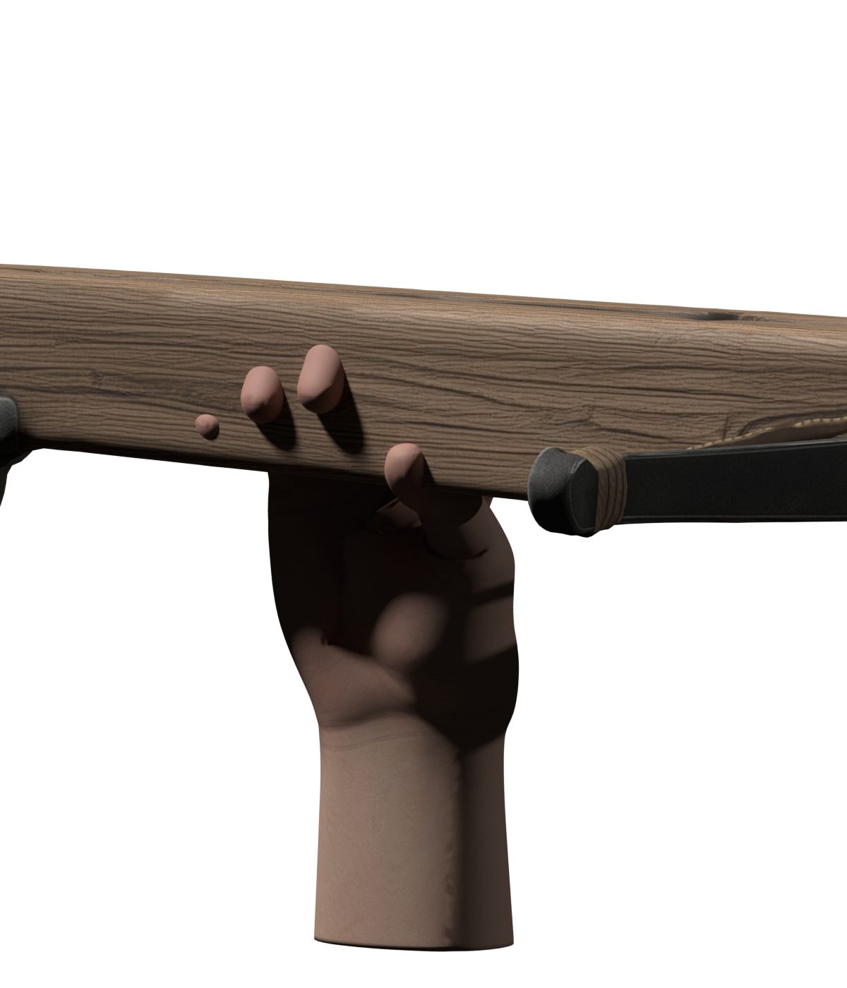 Rejected first fit with the actual crossbow: the fingers penetrate the wood