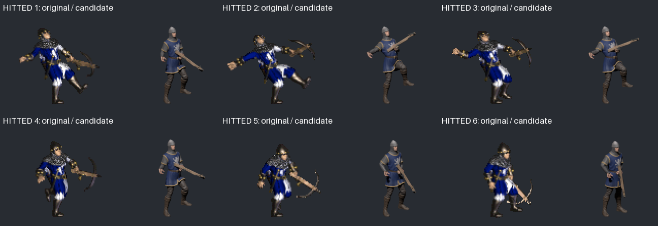 Six hit frames, using a shared crop for original and candidate