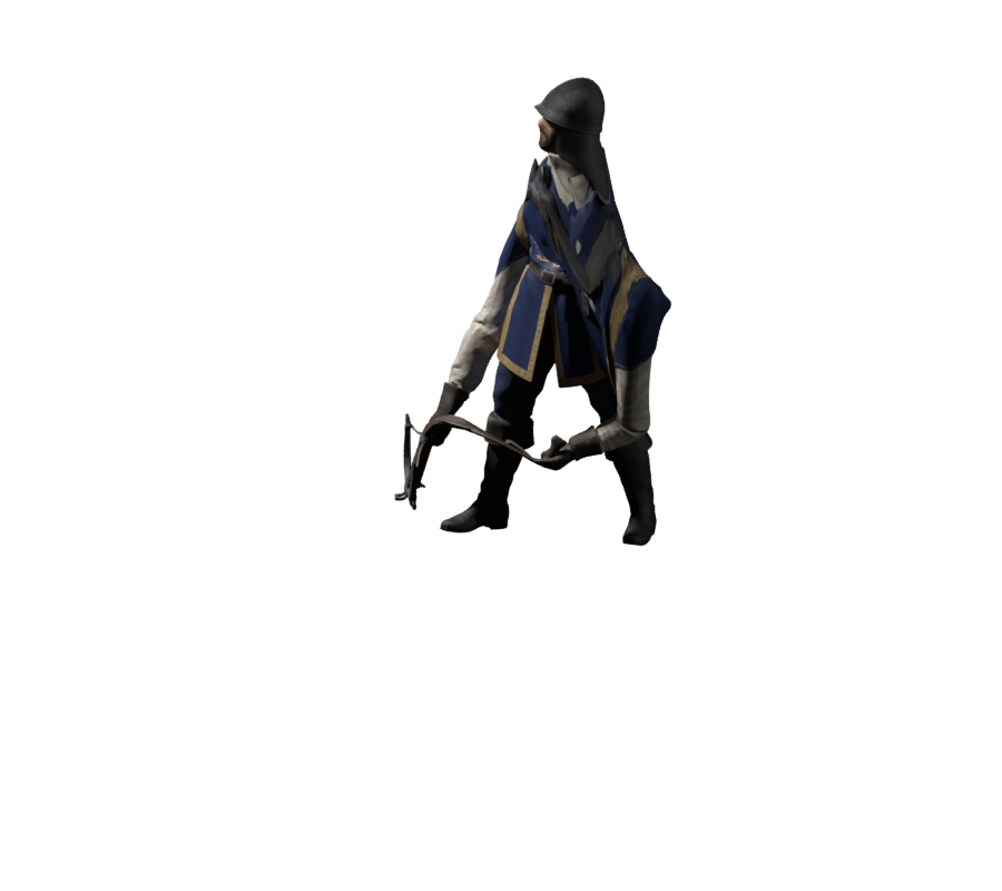 Rejected trial 174: lowering the crossbow distorts the shoulders, rendered in Blender
