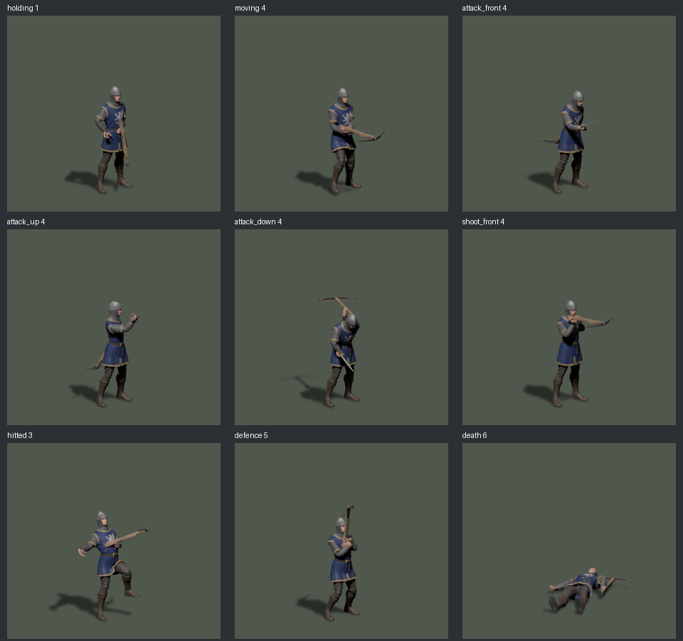 Nine offline pose composites with geometry-projected shadows; animation drafts remain under review