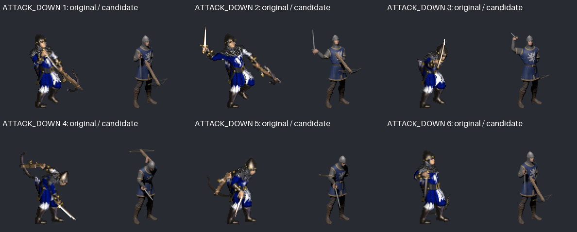 Six-frame downward comparison; stance and body amplitude still need reference work
