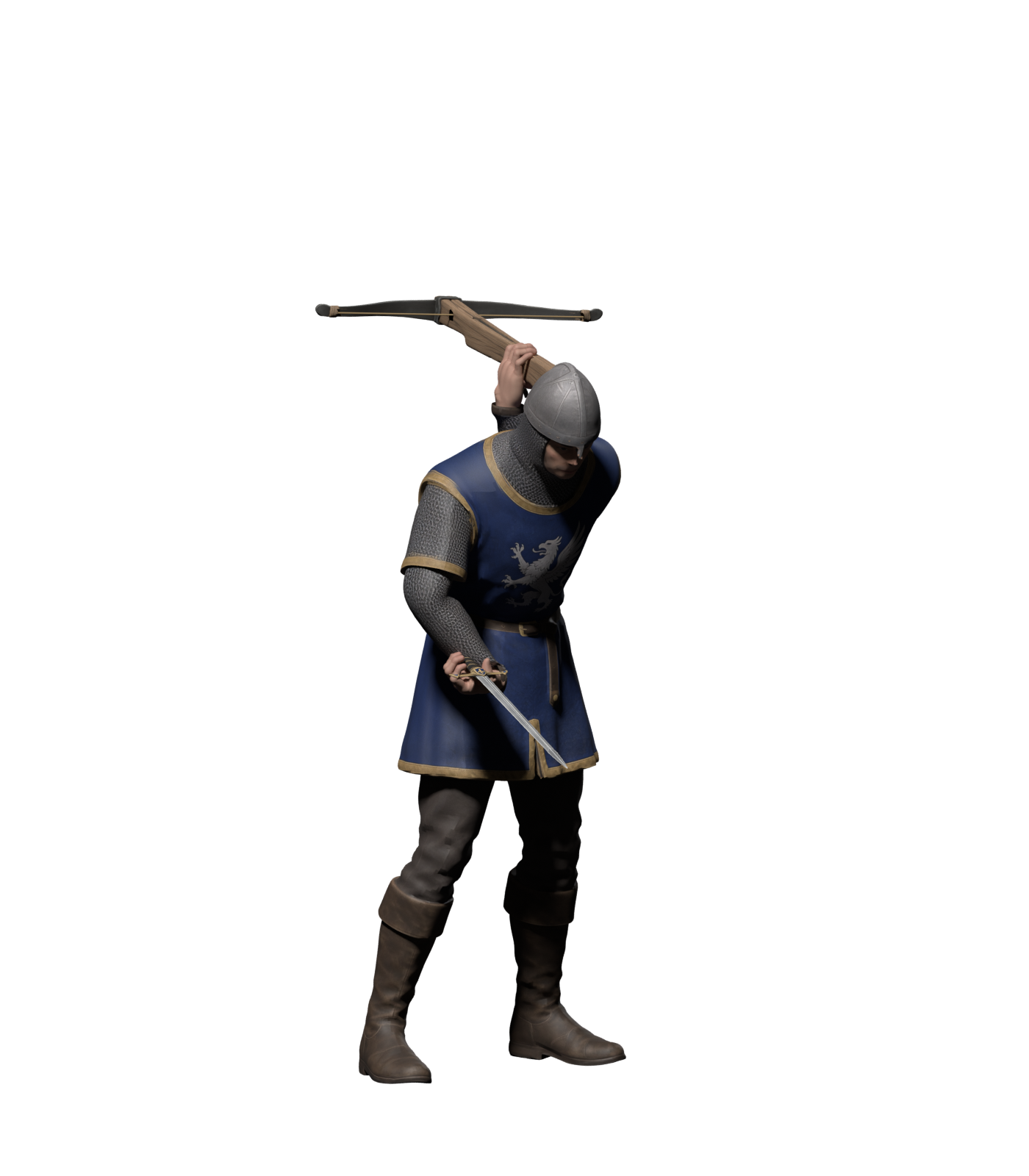 Downward strike with the crossbow carried back, static Blender render