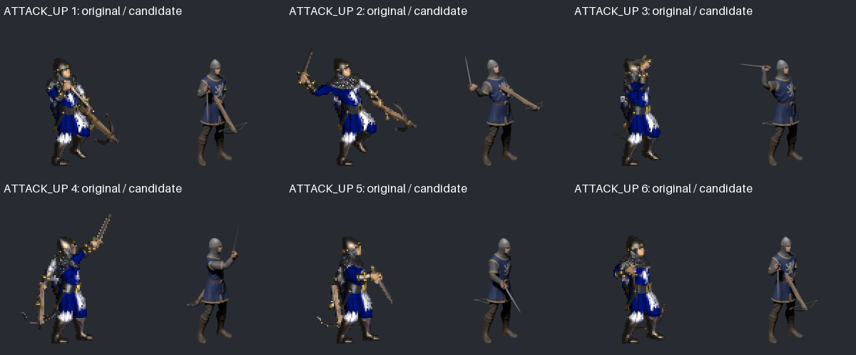Six-frame upward melee comparison